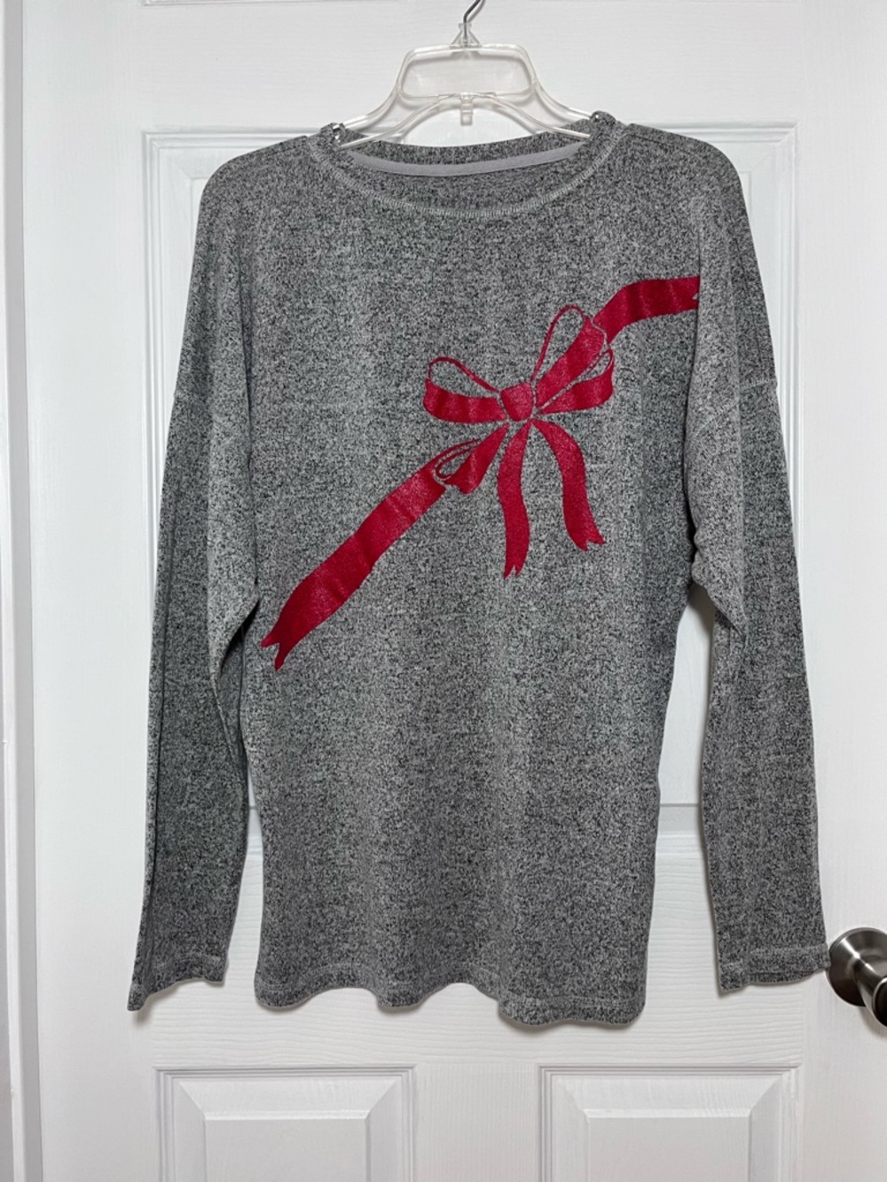 Spirit Grey Sweater with Red Bow on Front-Santa’s Favorite on Back